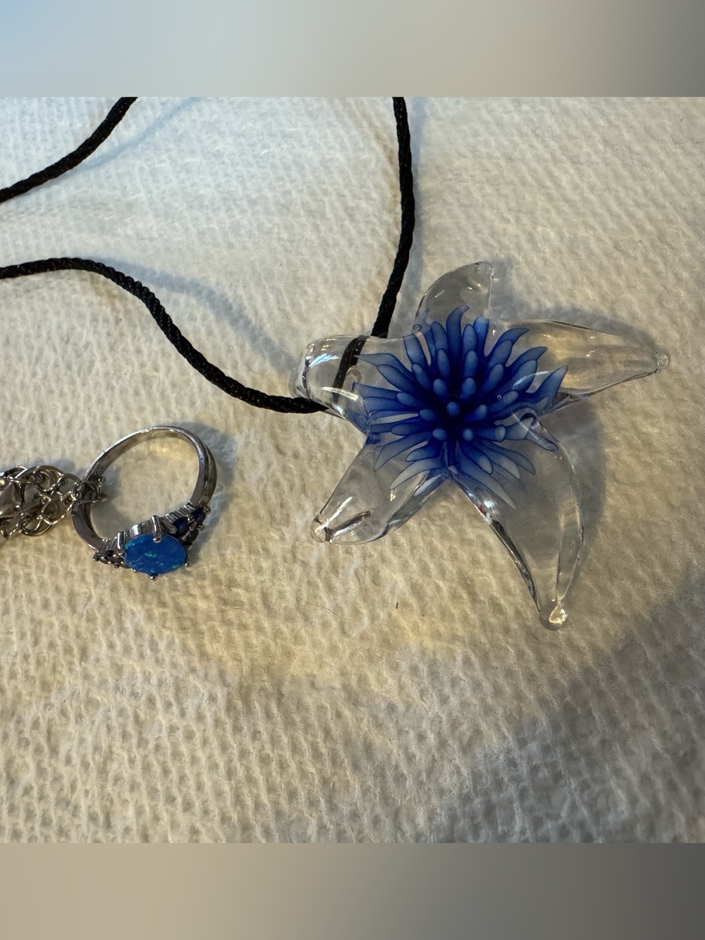 Blue Floral Starfish Glass Pendant Necklace matching ring iridescent sparkle sea